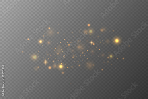 Sparkling gold dust particles. Light effect of glare and stars. On transparent background. Vector EPS 10.