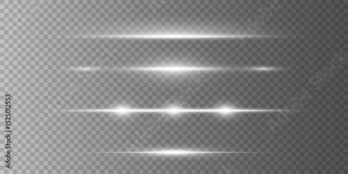 Abstract white rays. Glowing line on transparent background. Laser beams, horizontal lines of light, bright flash. Vector illustration.