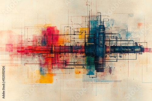 Abstract Architectural Blueprint Watercolor Style Depiction of Complex Machine with Pipes and Lines