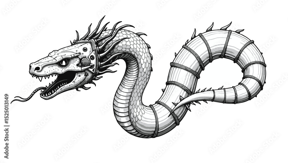 Obraz premium Steampunk Serpent Dragon Vector Illustration – Mechanical Snake-Like Creature with Gears and Armor Plating – Black and White Fantasy Sci-Fi Reptile Drawing