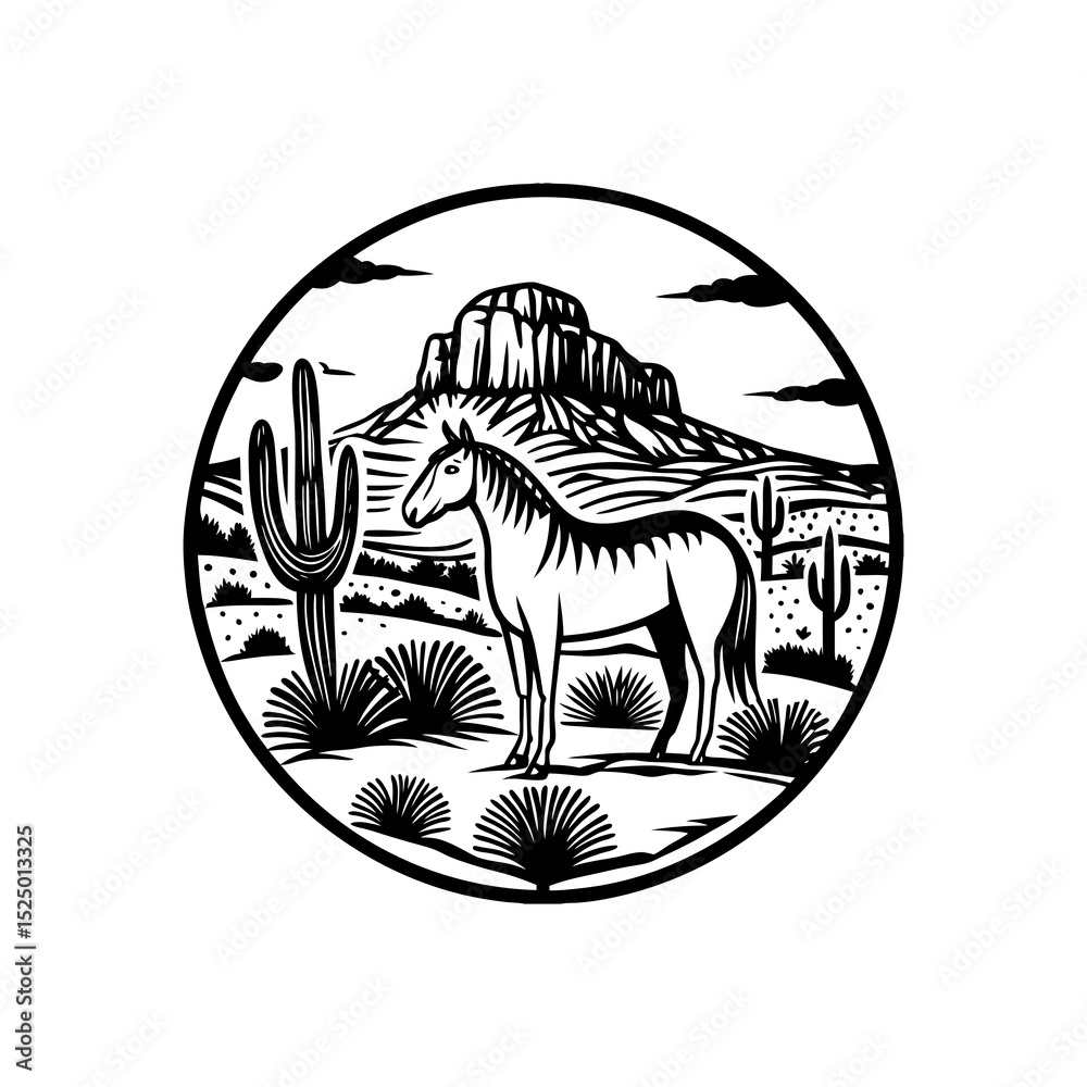 Desert Horse, Cactus, Mesa Mountain, Black and White Circle Illustration