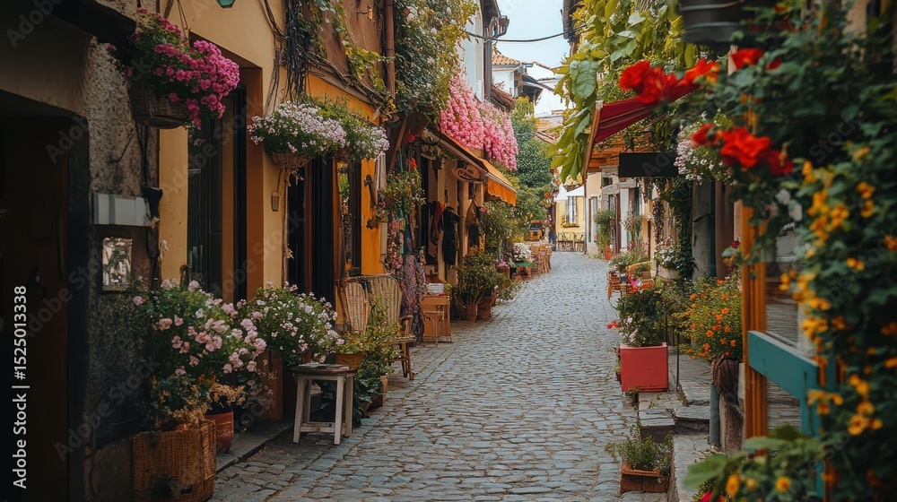 Fototapeta premium Charming cobblestone street adorned with flowers in a historic village square during the late afternoon light