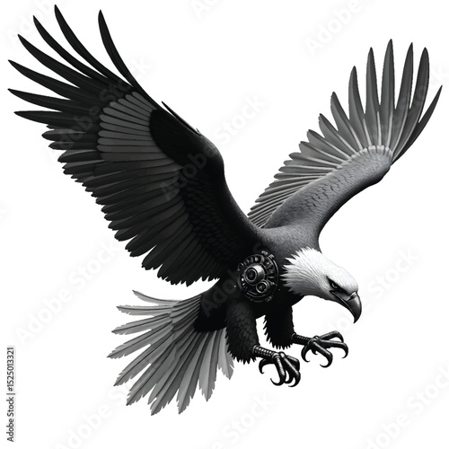 Steampunk Griffin Vector Illustration – Mechanical Mythical Beast with Wings, Gears, and Armor – Futuristic Fantasy Hybrid Creature in Black and White Line Art
