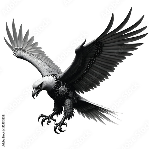 Steampunk Griffin Vector Illustration – Mechanical Mythical Beast with Wings, Gears, and Armor – Futuristic Fantasy Hybrid Creature in Black and White Line Art