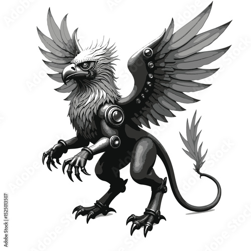 Steampunk Griffin Vector Illustration – Mechanical Mythical Beast with Wings, Gears, and Armor – Futuristic Fantasy Hybrid Creature in Black and White Line Art