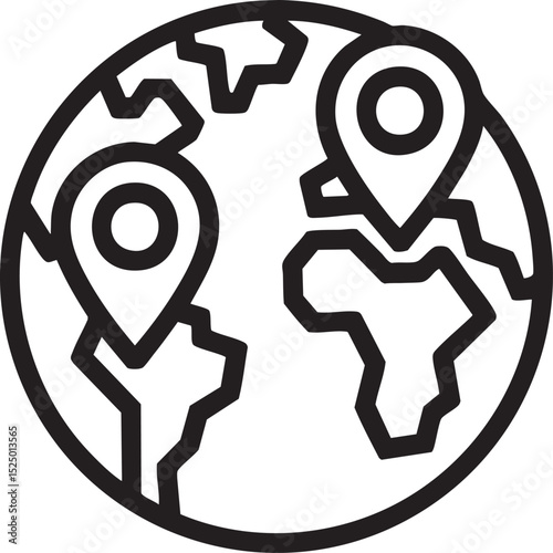 Black And White Outline Illustration Of Globe With Location Pins Representing Global Navigation, Travel, Geography, And World Mapping