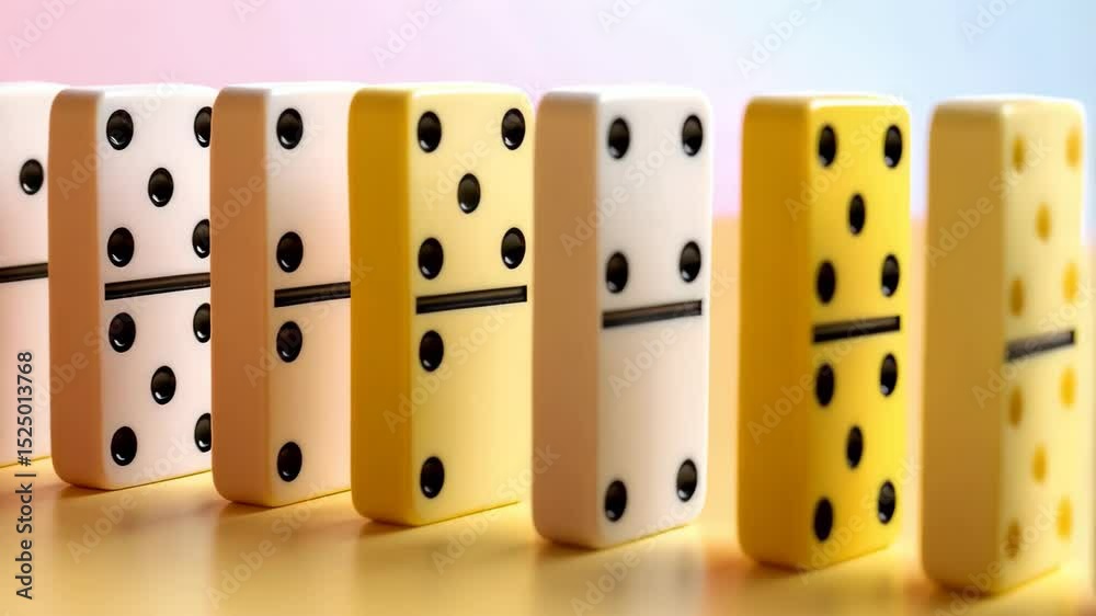 Colorful dominoes lined in a row against bright gradient backdrop, creating pattern and geometric effect with vibrant hues.
