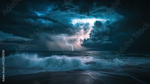 Dramatic storm clouds and lightning over the ocean at night create a captivating natural display