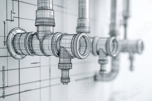 Architectural Plumbing Design Detailed Wireframe of Piping System on Grid Background, Technical Illustration