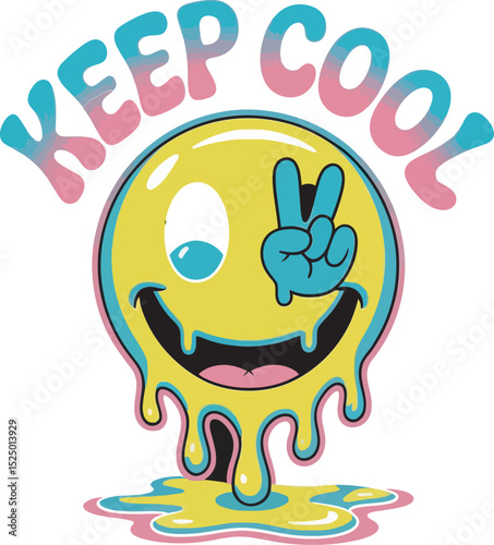 Keep cool retro smiley face design with peace sign and colorful drip illustration
