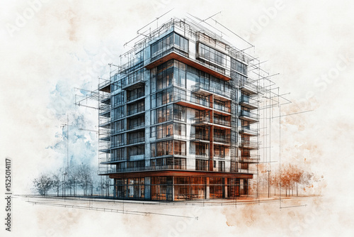 Architectural Sketch of Modern HighRise Building with Glass Facade and Balconies, Watercolor Style