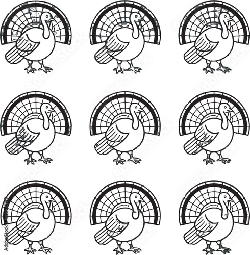 Black and white outline illustration of several turkeys showing thanksgiving concepts