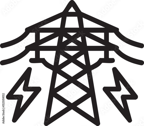 Black And White Outline Illustration Of Electric Transmission Tower With Lightning Bolts Representing Power, Energy, And Infrastructure