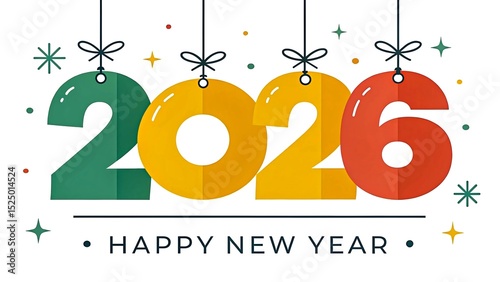 Colorful 2026 Happy New Year graphic with festive hanging numbers and confetti
