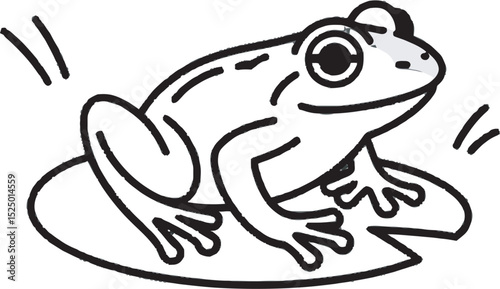 Simple black and white illustration of a frog sitting on a lily pad