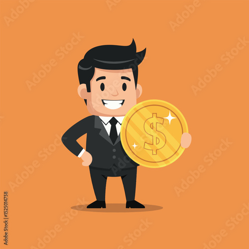 Cartoon Businessman Holding a Big Dollar Coin