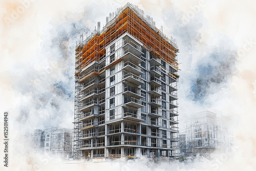Artistic Watercolor Illustration of HighRise Building Under Construction with Exposed Concrete and Scaffolding