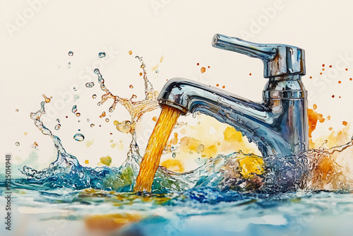 Artistic Watercolor of Chrome Faucet with Flowing Water and Splashes, Water Damage Concept