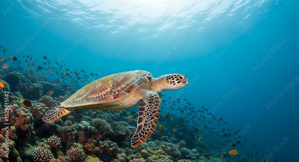 Obraz premium Majestic Sea Turtle Gracefully Swimming Amidst Vibrant Coral Reef and Tropical Fish; Underwater Wildlife Scene, Ocean Life, Marine Ecosystem Photography