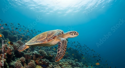 Majestic Sea Turtle Gracefully Swimming Amidst Vibrant Coral Reef and Tropical Fish; Underwater Wildlife Scene, Ocean Life, Marine Ecosystem Photography