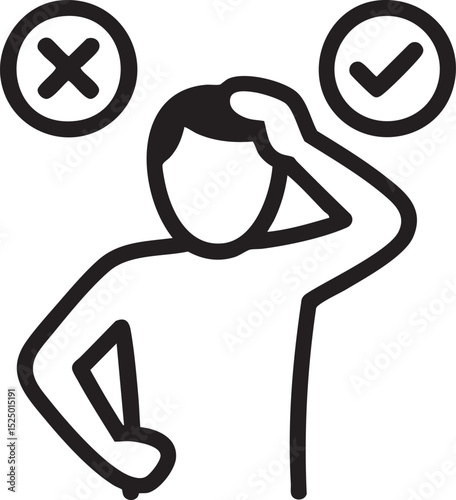 Black And White Outline Illustration Of Confused Person With Check Mark And Cross Symbol Representing Decision, Choice, And Uncertainty
