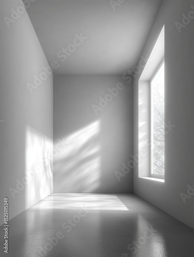 Minimalist White Room with Sunlight Streaming Through Window Clean, Simple Studio Background