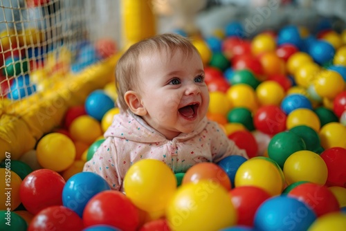 Baby girl laughing in a colorful ball pit