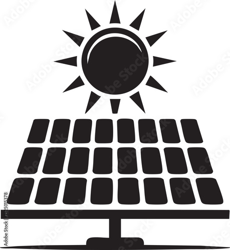 Black And White Silhouette Illustration Of Solar Panel With Sun Icon Representing Renewable Energy, Sustainability, And Clean Power