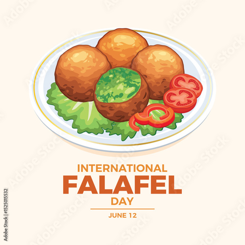 International Falafel Day poster vector illustration. Falafel and vegetable garnish on a plate vector. Middle eastern deep fried chickpea balls drawing. June 12. Important day