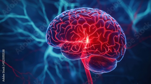 a brain with glowing red veins, symbolizing stroke risk caused by prolonged high blood pressure weakening blood vessels.