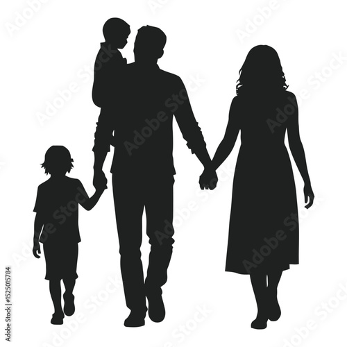 Happy family walking together silhouette with father holding child and mother holding hands on white background