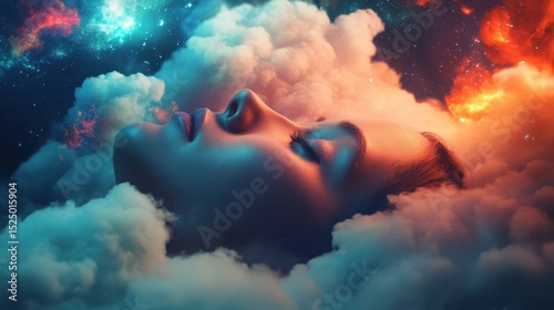 a person in rem sleep with colorful dream clouds above, linked to emotional processing and creativity.