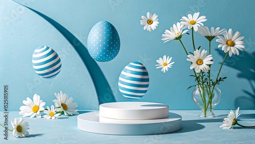Minimal Blue Easter Scene with Floating Decorated Eggs, White Podium, and Fresh Daisies
