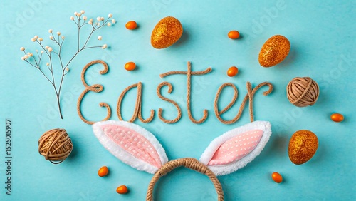 Flat Lay of Easter Decorations with Rope Text, Bunny Ears, Eggs, and Dried Flowers on Blue Background
