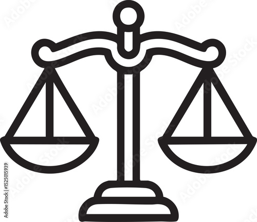 Black And White Outline Illustration Of Balance Scale Symbol Representing Justice, Law, Equality, Legal Judgment, And Fairness