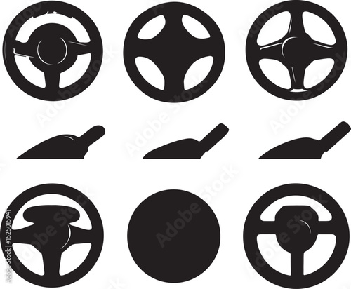 Black and White Vector Illustration of Car Steering Wheels and Gear Sticks: Automotive Parts, Vehicle Controls, Transportation Icons