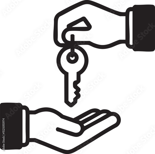Black And White Outline Illustration Of One Hand Giving A Key To Another Symbolizing Property Transfer, Ownership, And Real Estate