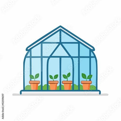 Botanical Haven: A tranquil illustration of a greenhouse showcasing the potential of cultivating life, with vibrant green plants in terracotta pots, symbolizing the nurturing of nature.