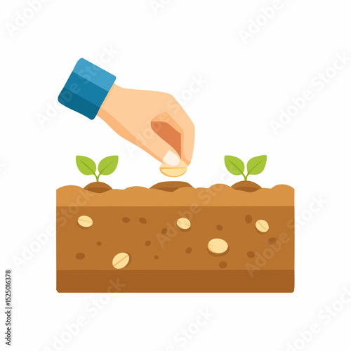 Planting Seeds: A hand carefully plants a seed into rich brown soil, alongside two small sprouts symbolizing growth and new beginnings.