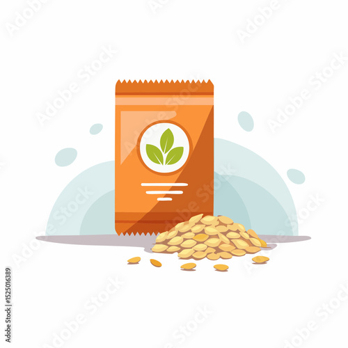 Seed Pack: Illustration of a vibrant seed packet with an accompanying pile of seeds
