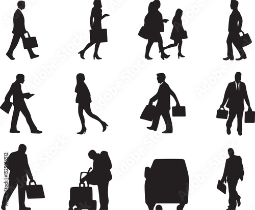 Silhouette People Walking Vector: Business Professionals Commuting, Urban Crowd, City Life, Black and White Illustration, Stock Image