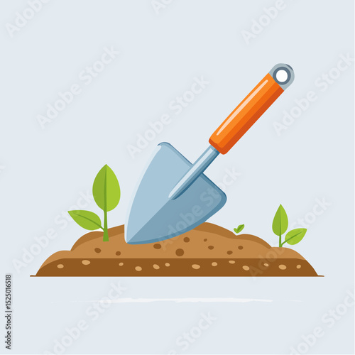 Gardening Hand Shovel: A vibrant, detailed illustration showcasing a gardening hand shovel embedded in a mound of rich soil with young green sprouts growing, symbolizing growth and cultivation.
