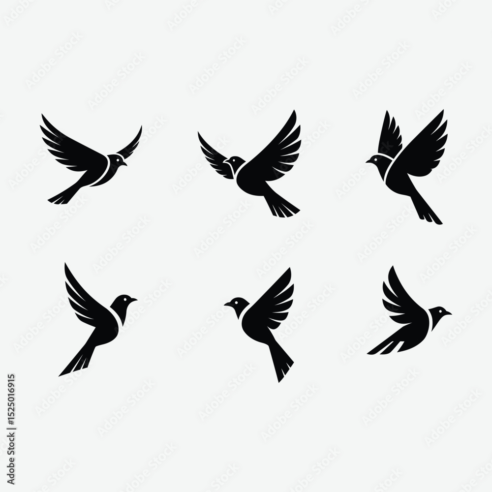 Fototapeta premium Discover this minimalist bird logo set featuring six unique, black, geometric bird designs in flight. Each logo showcases clean, abstract shapes with symmetrical composition .