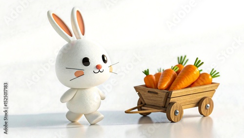 Adorable Cartoon Bunny Pulling Wooden Wagon Filled with Fresh Carrots on White Background
