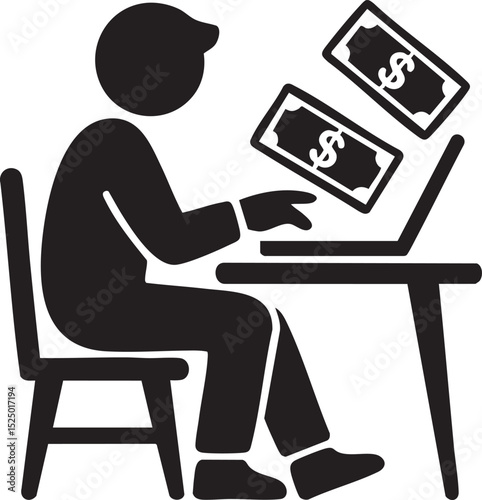 Black Icon Of Person Making Money Online With Laptop Isolated On White Background Symbol For Earning Digital Income Freelance And Finance