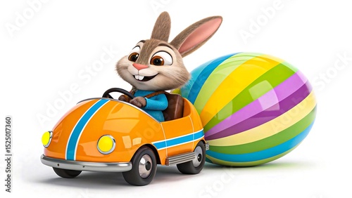 Happy Cartoon Easter Bunny Driving Orange Car with Giant Colorful Easter Egg Behind
