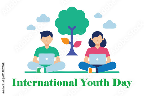 International Youth Day Vector – Teen Boy and Girl Learning and Coding Under Tree – Education and Innovation Concept on White Background