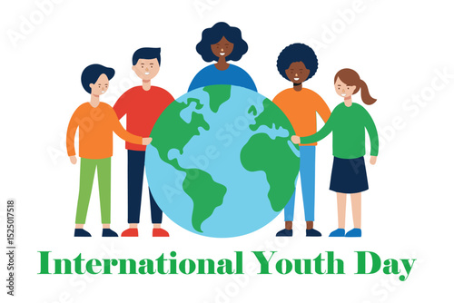 International Youth Day Vector – Multicultural Young People Holding Globe in Circle – Unity and Global Responsibility Concept on White