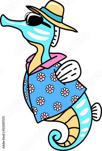 Retro Groovy Cartoon Seahorse Wearing a Shirt and Hat