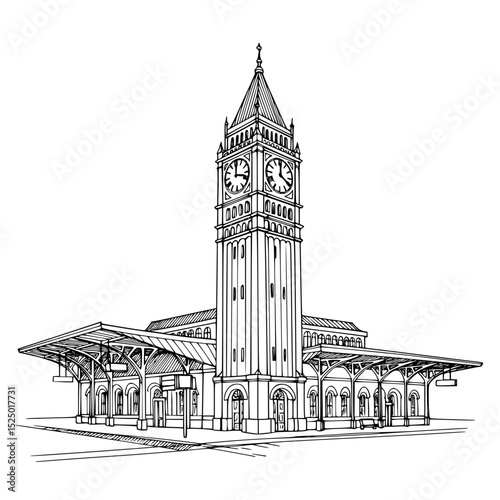 Train Station Architectural Silhouette Line Art Illustration